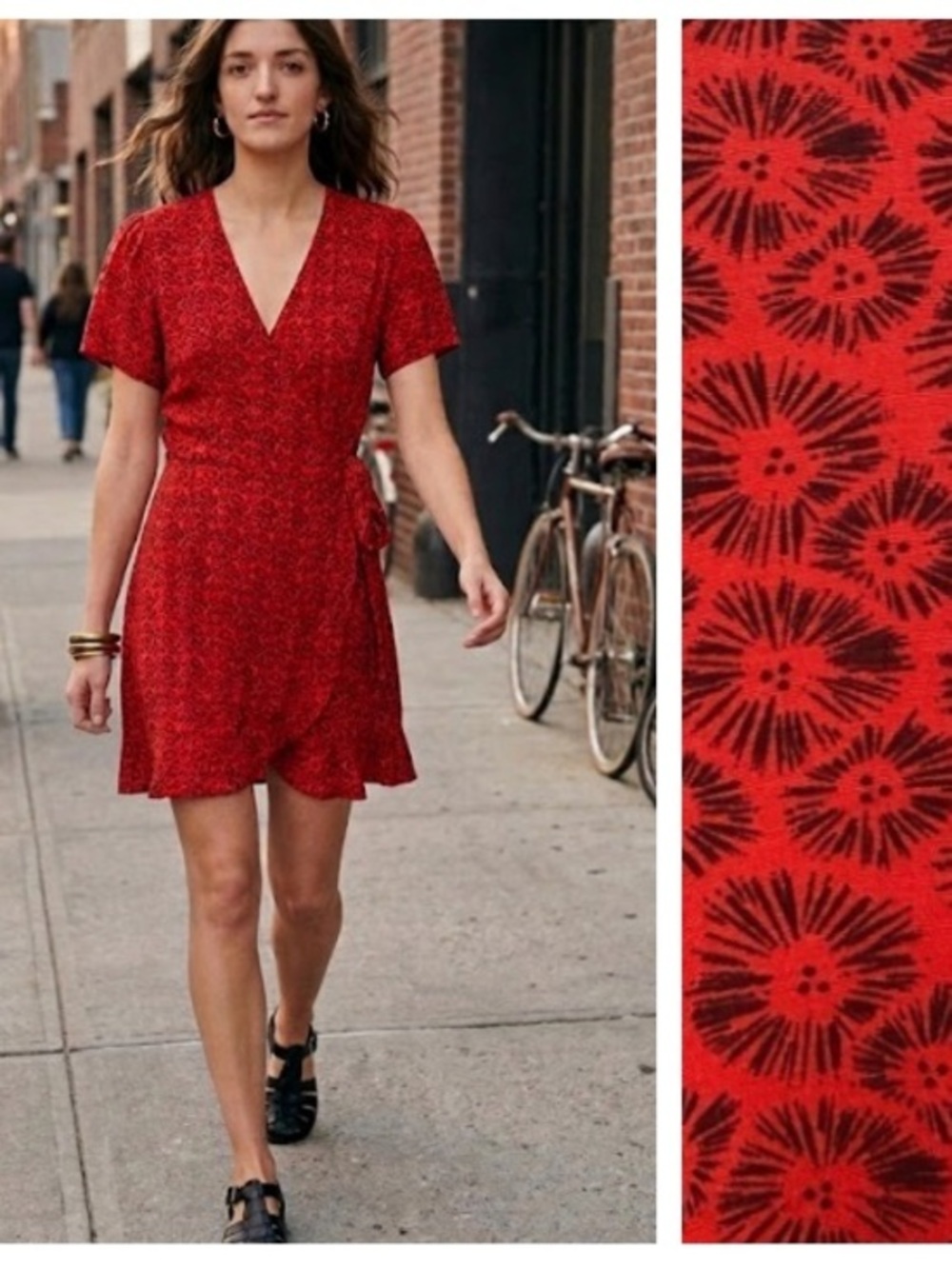 SUNCOO Paris Red Black Print Wrap Dress